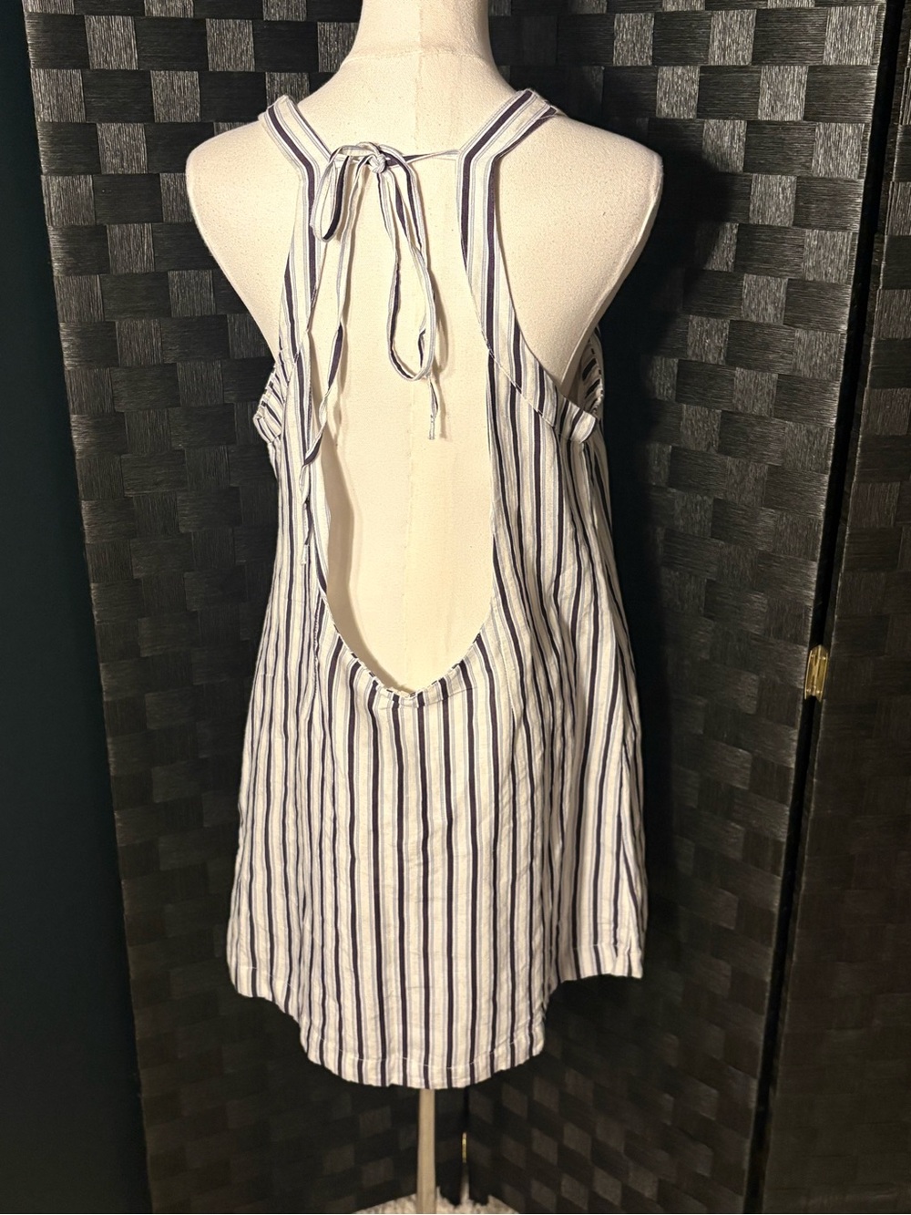 Anthropologie Linen Blend Square Neck Striped Open-Back Mini Dress Navy & White